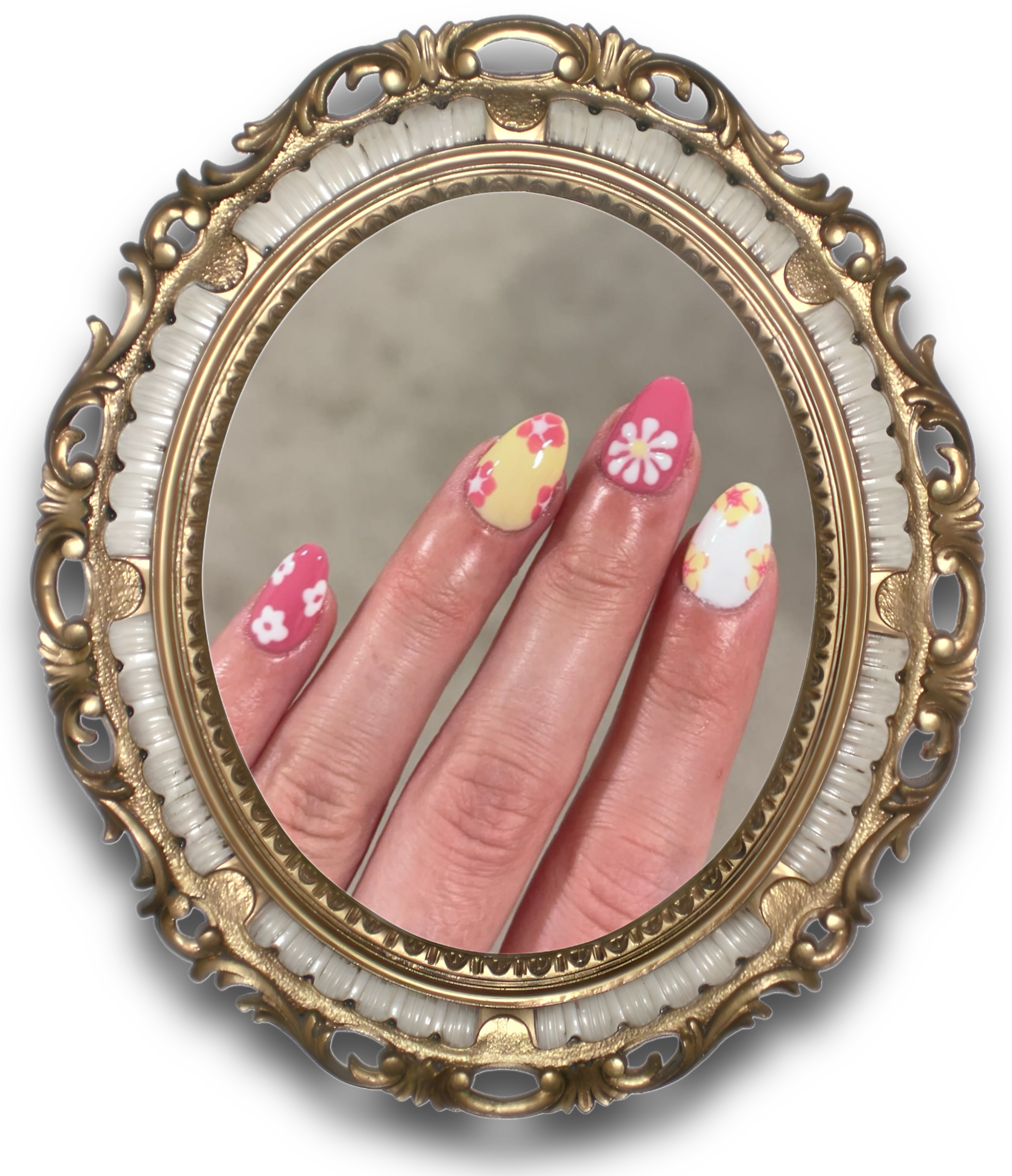 A close-up image of pink flowery nail art.